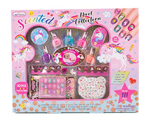 Hot Focus Unicorn Nail Art Gift Set  112 Piece Scented Girls Nail Kit Includes Press On Nails, Nail Polishes, Toe Separators and More  Non-Toxic Water Based Peel Off Nail Polish Hot Focus Unicorn Nail Art Gift Set  112 Piece Scented Girls Nail Kit Includes Press On Nails, Nail Polishes, Toe Separators and More  Non-Toxic Water Based Peel Off Nail Polish