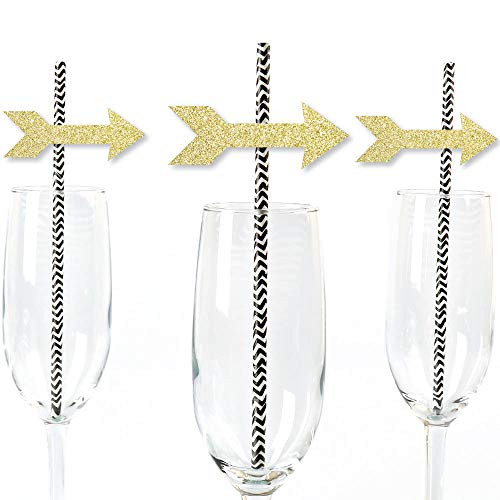 Gold Glitter Arrow Party Straws - No-Mess Real Gold Glitter Cut-Outs and Decorative Boho Tribal Baby Shower, Bachelorette or Birthday Party Paper Straws - Set of 24
