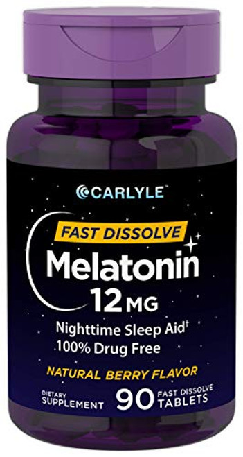 Carlyle Melatonin 12 mg Fast Dissolve 90 Tablets | Nighttime Sleep Aid | Natural Berry Flavor | Vegetarian, Non-GMO, Gluten Free