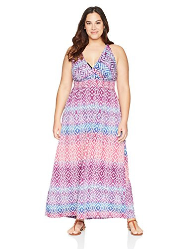 Amazon Brand - Coastal Blue Women's Plus Size Swimwear T-Back Maxi Beach Dress, Multi Jacquard, 1X (16W-18W)