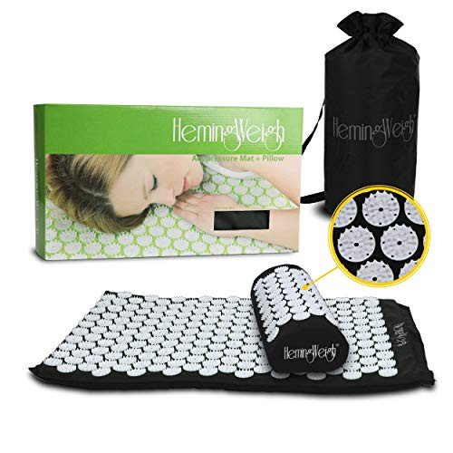 HemingWeigh Complete Acupressure Mat and Pillow Set for Pain Relief, Stress Relief, Muscle Relaxation, and Overall Well-Being with Tote Bag; Black