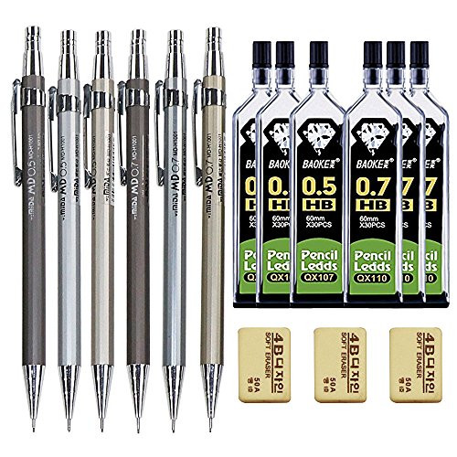 Professional Drafting Pencil,15 Pieces Metal Pencil Set, Mechanical Pencil with Pencil Lead and Three Erasers for Writing, Drawing, Signature,(0.5mm and 0.7mm).