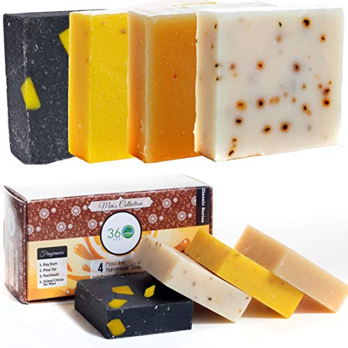 360Feel Men's Soap bar Handmade - 4 Man Soap Bar -Masculine fragrance- Bay Rum, Patchouli, Pine Tar with Charcoal Beeswax,Citrus - Gift pack- Natural Men Soap- Gift for him