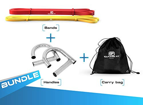 Garage Fit Pull Up Assist Band with Metal Handle and Carry Bag, Stretch Resistance Mobility Band - Powerlifting Bands - Extra Durable, Cross Training Exercise (Bundle6- #0 Yellow, 1 Red)