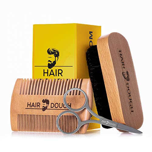 Hair Dough Beard Brush & Comb Grooming Kit For Men | Set Includes Soft Boar Bristle Brush, Bamboo Wide Tooth Comb, and Mustache Trimming Scissors | Straighten & Soften Your Beard
