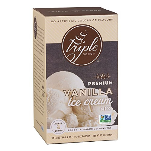 Triple Scoop Ice Cream Mix, Premium Vanilla, starter for use with home ice cream maker, non-gmo, no artificial colors or flavors, ready in under 30 mins, makes 2 qts (1 15oz box)