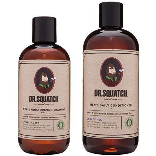 Dr. Squatch Shampoo + Conditioner Set  Keep Hair Looking Full, Healthy, Hydrated  Naturally Sourced Formula for Men  Organic Tea Tree Oil & Peppermint  Manly Scents (8 + 12 oz)