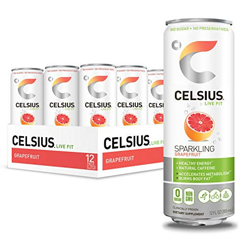 CELSIUS Sweetened with Stevia Sparkling Grapefruit Fitness Drink, Zero Sugar, 12oz. Slim Can, 12 Pack