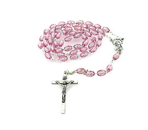 Catholic Rosary with Metal Crucifix Cross Made in Italy Miraculous Pink Oval Beads (Pink)