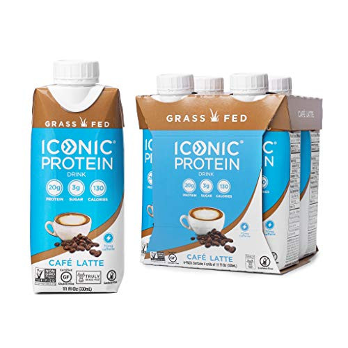 Iconic Protein Drinks, Café Latte (4 Pack) | Low Carb, Grass Fed, High Protein Super Coffee | 20G Protein + 180mg Caffeine | Lactose Free, Gluten Free, Non-GMO, Kosher | Keto Friendly