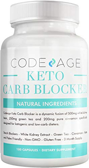 Codeage Keto Carb Blocker - Starch Blocker Supplement - White Kidney Bean Complex Carbs Pills, Green Tea, Cinnamon Bark for Keto Cheat - Low Carb Diet Sugar - Non-GMO - 180 Capsules