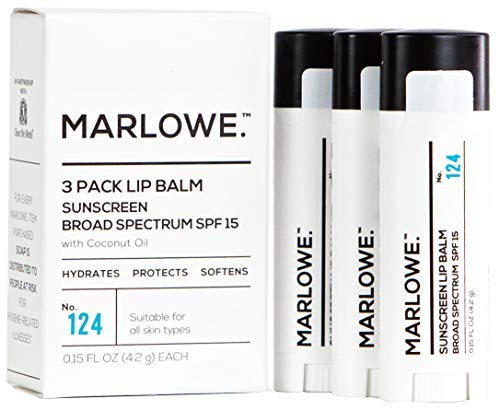 MARLOWE. No. 124 Lip Balm 3-Pack with Sunscreen SPF 15 & Coconut Oil | Hydrates & Protects Dry or Chapped Lips | Mint Flavor | For Men and Women | Made with Beeswax, Coconut, Jojoba, Shea Butter, Aloe