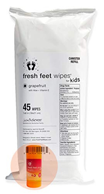 Antibacterial Fresh Feet Wipes for Kids - Grapefruit Wet Wipes - REFILL for canister - 45 Antibacterial Foot, Hand, Body Wipes | by Jasmine Seven | Eco-friendly