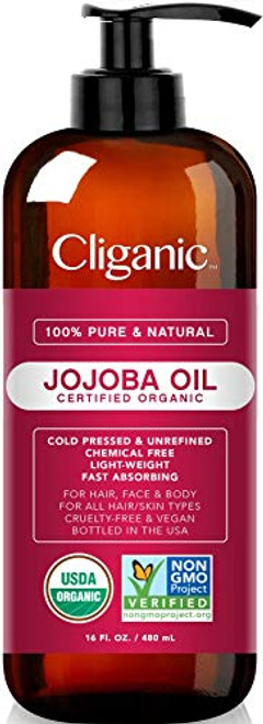 USDA Organic Jojoba Oil 16 oz with Pump, 100% Pure | Bulk, Natural Cold Pressed Unrefined Hexane Free Oil for Hair & Face | Base Carrier Oil - Certified Organic