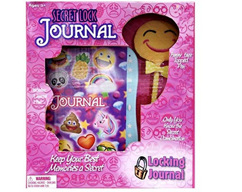 Auxo Emoji Locking Journal w/Smiley Face Pen - Unicorns, Pandas, Smiley Faces on Purple Background