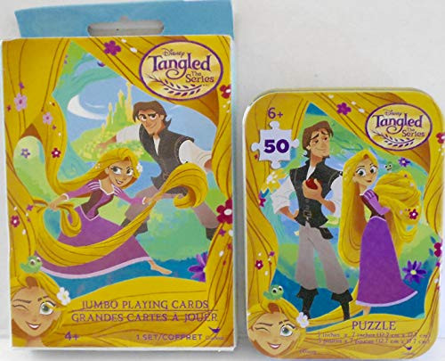 Tangled The Series Rapunzel & Eugene Fitzherbert Jumbo Playing Cards -and 50 Piece Mini Puzzle in Collectible Tin Bundle