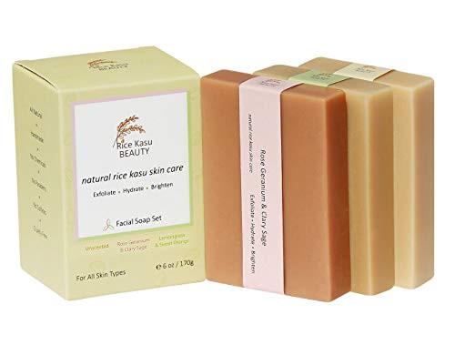 Rice Kasu Beauty 3-Piece Handmade Facial Soap Set, Unscented, Rose Geranium, Lemongrass and Sweet Orange, 6 Ounce