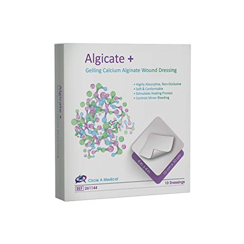 Algicate+ Gelling Calcium Alginate Wound Dressing Sterile, 4" x 4", 100% Flexible, High Integrity Calcium Algnate Fibers, Gentle to Skin and Fast Healing (Box of 10)