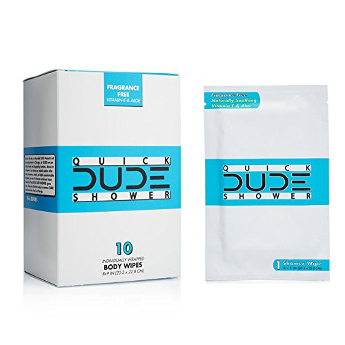 DUDE Shower Body Wipes 10 Count Wet Wipes Individually Wrapped for Travel Unscented Naturally Soothing Aloe and Hypoallergenic, Portable Travel-Sized Individual Cleansing Cloths for Men