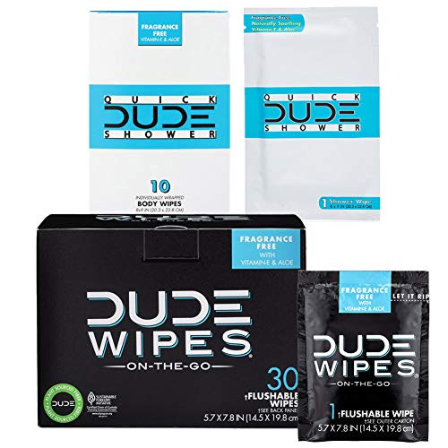 DUDE Wipes Flushable (30pk) & DUDE Shower Body Wipes (10pk) Unscented with Vitamin-E & Aloe Individually Wrapped Singles for Travel DUDE Wipes Flushable (30pk) & DUDE Shower Body Wipes (10pk) Unscented with Vitamin-E & Aloe Individually Wrapped Singles for Travel