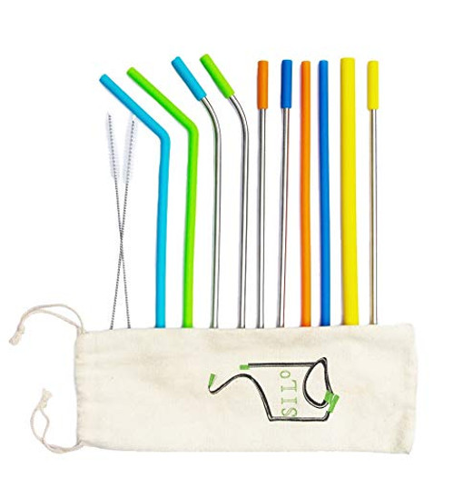 Reusable Drinking Straws_10 Piece Set of Silicone & Stainless Steel Straws with Silicone Tips, 2 Cleaning Brushes and Cotton Travel Bag
