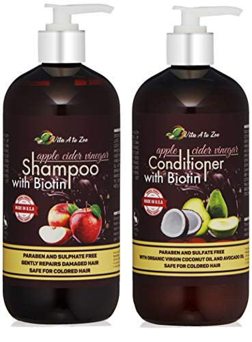 Apple Cider Vinegar & Biotin Shampoo & Conditioner (2 x 16oz) | Infused with Aloe Vera Juice, Argon Oil & Saw Palmetto Extract | Balances pH, Condition, Strengthen, Moisturize & Remove Build-up