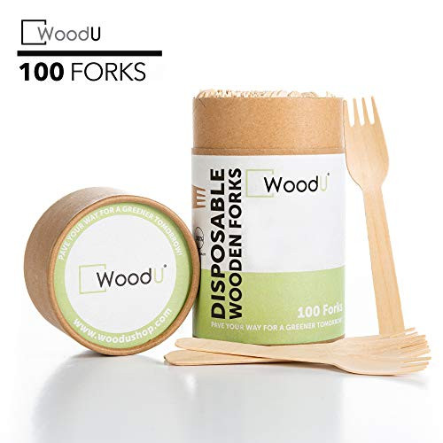 WoodU Disposable Wooden Forks Natural Birch Wood Biodegradable Utensils Cutlery Eco-Friendly Green (100)