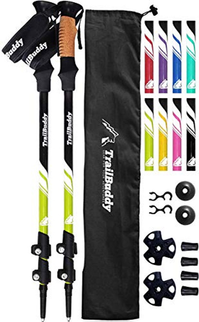 TrailBuddy Lightweight Trekking Poles - 2-pc Pack Adjustable Hiking or Walking Sticks - Strong Aircraft Aluminum - Quick Adjust Flip-Lock - Cork Grip, Padded Strap - (Spring Green)