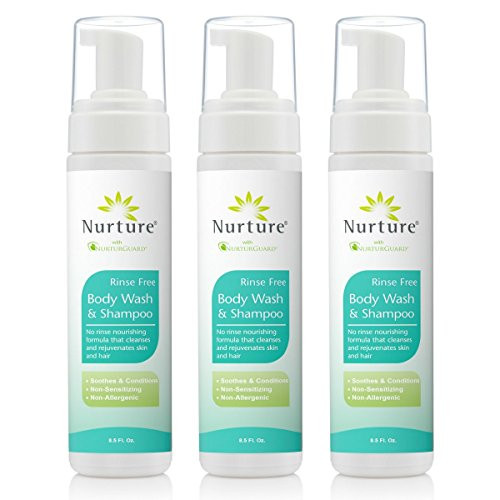 No Rinse Body Wash & Shampoo by Nurture | Hospital Grade Full Hair & Body Cleansing Foam with Aloe Vera - Non Allergenic - Non Sensitizing - Rinse Free Wipe Away Foaming Cleanser - 3 Bottles