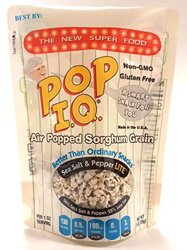 Pop I.Q. Sea Salt & Pepper Lite  The Best Healthy Snack  Air Popped Organic Sorghum Grain  Non-GMO, Vegan, Gluten-Free (Pack of 12 Single Servings)