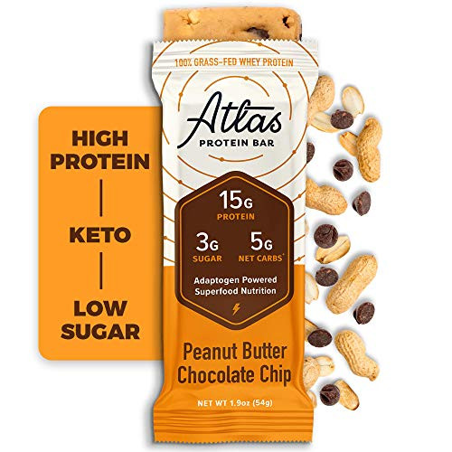 Atlas Bar - Keto Protein Bars, Peanut Butter Chocolate Chip - High Protein, Low Sugar, Low Carb, Grass Fed Whey, Healthy Protein, Gluten Free, Soy Free (10-Pack)