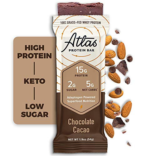 Atlas Bar - Keto Protein Bars, Chocolate Cacao - High Protein, Low Sugar, Low Carb, Grass Fed Whey, Healthy Protein, Gluten Free, Soy Free (10-Pack)
