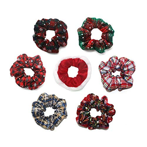 7Pcs Christmas Scrunchies Elastic Hair Bands Snowflakes Hair Ties Ropes Scrunchy Ponytail Holder Scrunchies Hair Bobbles Fashion Xmas Hair Accessories for Women Ladies Girls (Color Random)
