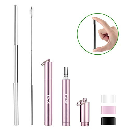 ITAAR Reusable Drinking Straws, Collapsible Portable Straw, Travel Telescopic Stainless Steel Metal Straw with Cleaning Brush & Aluminum Case Rose Gold