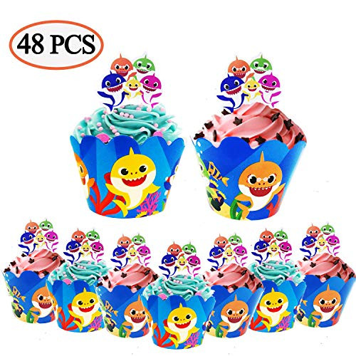 48 Pcs Shark Cupcake Decorations - 24 pcs Shark Cupcake Toppers and 24 pcs Cupcake Wrappers Themed Cake Party Decoration for Kids Birthday Party Supplies