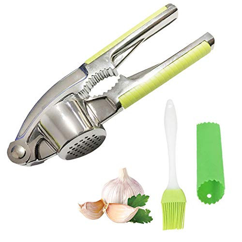 Onebycitess Professional Grade Garlic Press,Stainless Steel Garlic Mincer Crusher with Peeler and Clean Brush Set (Green)