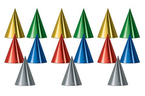 Beistle 60326 16 Piece Packaged Foil Cone Hats, 6.75", Multicolor