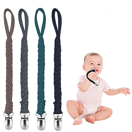 Pacifier Clips for Boys and Girls, Baby Holder Leash, Baby and Toddler Pacifier Metal Clips, Baby Teether Toy, Handmade Pacifier Clips 4 Pack