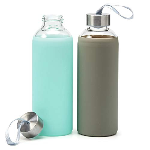 EZOWare 2-Pack 18oz Glass Water Bottles, Reusable Leak Proof Beverage Juicing Borosilicate Glass Drinking Bottles with Silicone Sleeve and Stainless Steel Cap - Teal/Gray EZOWare 2-Pack 18oz Glass Water Bottles, Reusable Leak Proof Beverage Juicing Borosilicate Glass Drinking Bottles with Silicone Sleeve and Stainless Steel Cap - Teal/Gray