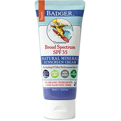 Badger - SPF 35 Zinc Oxide Sport Sunscreen Cream - Unscented - Broad Spectrum Water Resistant Reef Safe Sunscreen, Natural Mineral Sunscreen with Organic Ingredients 2.9 fl oz