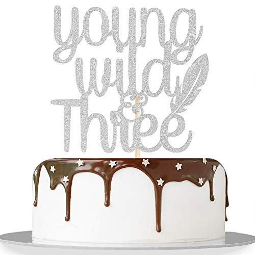 Silver Glitter Young Wild & Three Cake Topper Children's 3rd Birthday Three Theme Birthday Anniversary Party Decorations
