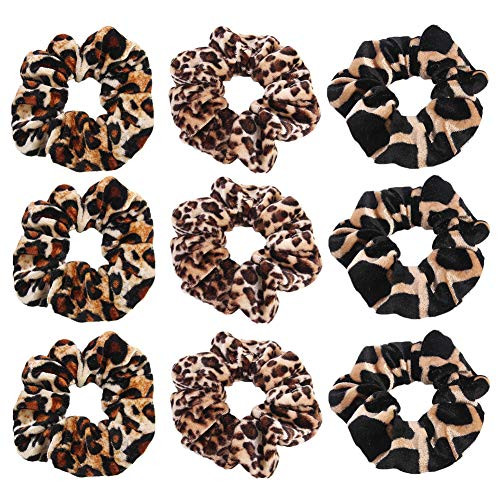 Yantu 9 Pcs Velvet Leopard Print Hair Bands Set Elastic Hair Scrunchies Ponytail Holder Hair Scrunchy Hair Ties Ropes for Girls Women Hair Accessories