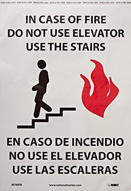 NMC M740PB Bilingual Fire Sign, Legend "IN CASE OF FIRE DO NOT USE ELEVATOR USE STAIRS" with Graphic, 10" Length x 14" Height, Pressure Sensitive Vinyl, Red/Black on White