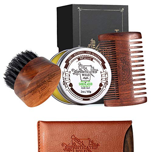 BFWood Beard Kit for Men  Small Travel Beard Brush Boar Bristle + Solid Ebony Wood Beard Comb + Beard Balm 60g Sandalwood Scent