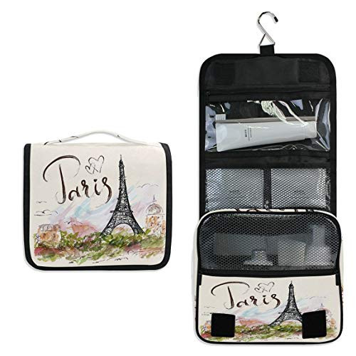 Paris Eiffel Tower Travel Toiletry Bag France Cosmetic Bag Flower Portable Makeup Pouch FloralHanging Organizer Bag for Women Girls Bathroom Toilet Use