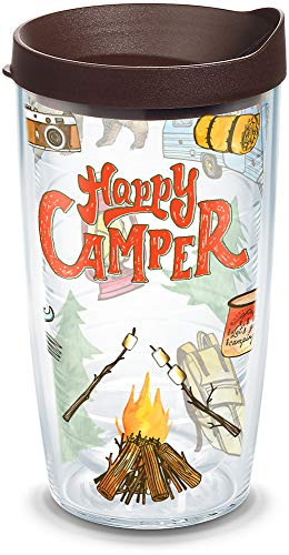Tervis Happy Camper Tumbler with Wrap and Brown Lid 16oz, Clear