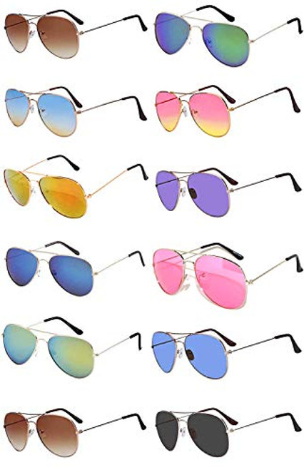 12 Pairs Classic Aviator Sunglasses Metal Gold Silver Black Colored Mirror Lens OWL (Aviator_Mix_Colored_Lens, Colored)