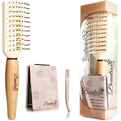 3pcs Brush and Mirror Set | Detangling Hair Brush for Wet or Dry Hair, Hair Brush for Women and Girls | Compact Travel Mirror for Makeup | Eyebrow Tweezer