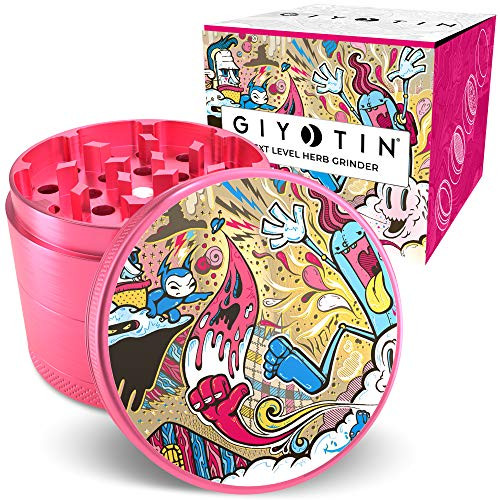 Giyotin 4 Piece Spice Herb Grinder includes Pollen scraper and Travel bag. 2.2" Anodised Aluminum Grinder (2.2 inch, Pink)