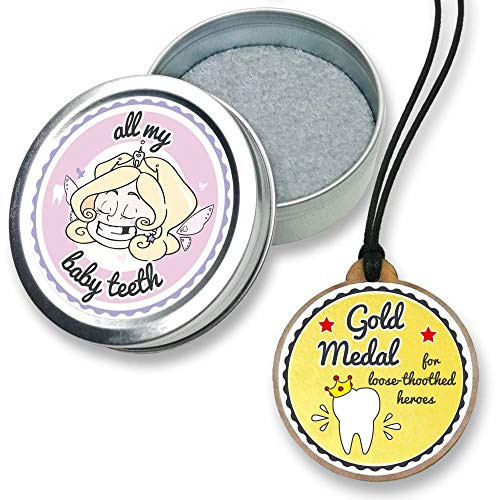 FANS & Friends Tooth Fairy Box with Gold Medal, Free e-Book, First Tooth Keepsake Box, Baby Tooth tin with Necklace, Tooth Holders for Kids